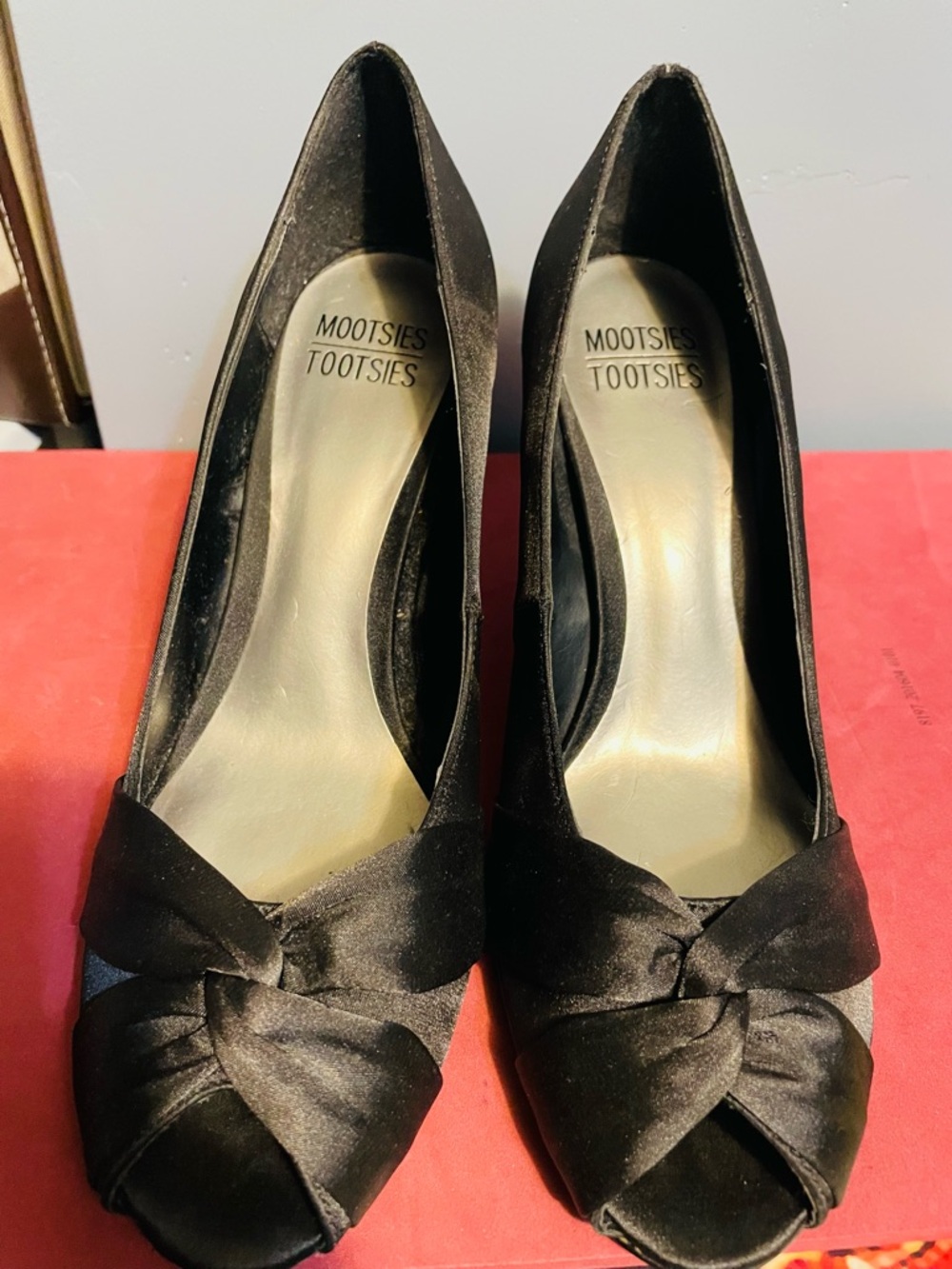 Mootsies Tootsies Black Satin Peep-Toe Knot Heels